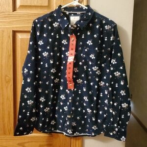 Jachs Girlfriend Women's Medium Mini Corduroy Button Up Blue Floral Shirt Blouse